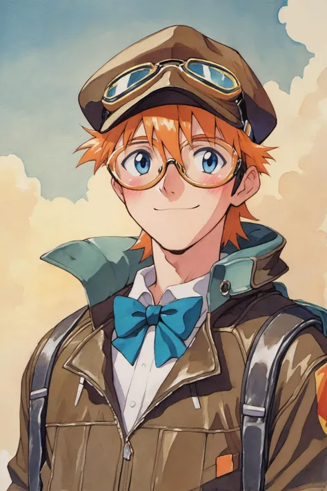 Jean Roque Lartigue, 1boy, solo, hat, goggles, glasses, male focus,bow, blue eyes, traditional media, smile, bowtie, orange hair, blush, jacket, backpack, bag, upper body,score_9,score_8_up,<lora:Sadamoto Yoshiyuki_XL_PONY:0.9>,