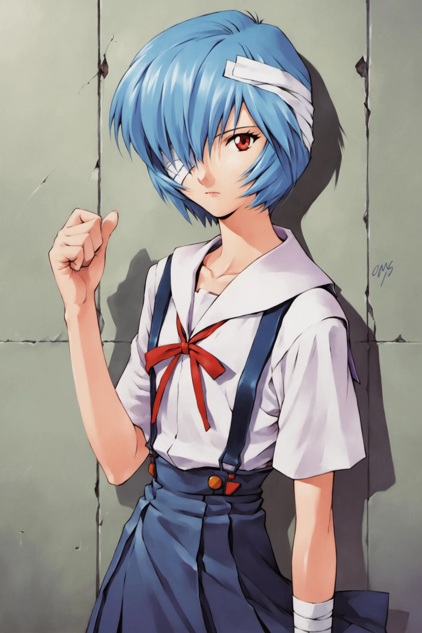 1girl,ayanami rei,short hair,blue hair,bandages,school uniform,solo,bandage over one eye,red eyes,ribbon,looking at viewer,tokyo-3 middle school uniform,shirt,short sleeves,closed mouth,neck ribbon,clenched hand,white shirt,cowboy shot,hand up,skirt,red ribbon,bandaged head,suspender skirt,expressionless,bangs,collarbone,signature,standing,bow,suspenders,arm at side,score_9,score_8_up,<lora:Sadamoto Yoshiyuki_XL_PONY:0.9>,