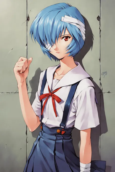 1girl,ayanami rei,short hair,blue hair,bandages,school uniform,solo,bandage over one eye,red eyes,ribbon,looking at viewer,tokyo-3 middle school uniform,shirt,short sleeves,closed mouth,neck ribbon,clenched hand,white shirt,cowboy shot,hand up,skirt,red ribbon,bandaged head,suspender skirt,expressionless,bangs,collarbone,signature,standing,bow,suspenders,arm at side,score_9,score_8_up,<lora:Sadamoto Yoshiyuki_XL_PONY:0.9>,