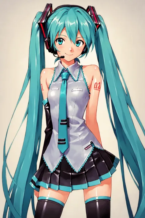 1girl,long hair,solo,hatsune miku,thighhighs,twintails,skirt,detached sleeves,very long hair,necktie,smile,aqua eyes,aqua hair,tattoo,shirt,black thighhighs,sleeveless,zettai ryouiki,black skirt,looking at viewer,headset,sleeveless shirt,hair ornament,pleated skirt,bare shoulders,aqua necktie,headphones,shoulder tattoo,white shirt,standing,black sleeves,miniskirt,score_9,score_8_up,<lora:Sadamoto Yoshiyuki_XL_PONY:0.9>,