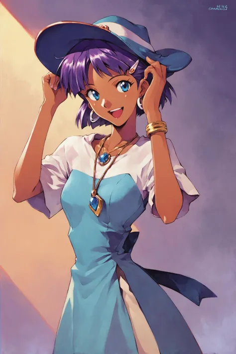 1girl,nadia la arwall,hat,solo,jewelry,earrings,dark skin,dark-skinned female,short hair,purple hair,hair ornament,hairclip,blue eyes,dress,necklace,hand on headwear,open mouth,smile,score_9,score_8_up,<lora:Sadamoto Yoshiyuki_XL_PONY:0.9>,