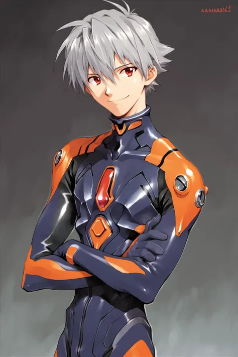 nagisa kaworu,plugsuit,male focus,1boy,red eyes,solo,smile,bodysuit,grey hair,interface headset,looking at viewer,ikari shinji,pilot suit,crossed arms,score_9,score_8_up,<lora:Sadamoto Yoshiyuki_XL_PONY:0.9>,