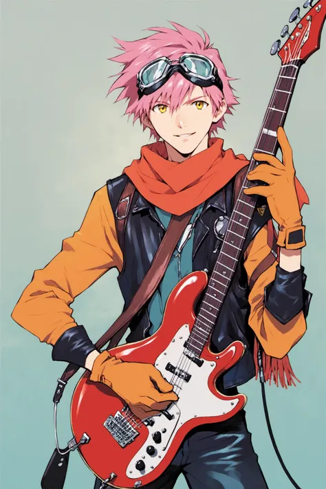 1boy,solo,goggles,pink hair,guitar,instrument,scarf,gloves,yellow eyes,short hair,goggles on head,bass guitar,score_9,score_8_up,<lora:Sadamoto Yoshiyuki_XL_PONY:0.9>,