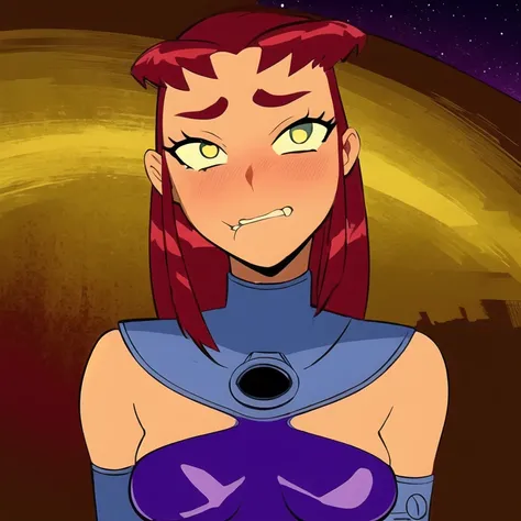 nsfw, (starfire:1.15), 1girl, (biting lip:1.15), (blush:0.95), masterpiece, detailed illustration, best quality, sharp focus, (ahegao:1.1), naked, floatin hair, upper body view, detailed face, cartoon, dynamic pose, aroused, erotic, tan, small breasts, naked thigh boots, orange hair, in space, intricate night sky <lora:bitingLip_v10:0.4> <lora:starfireTeenTitans_v1:0.8>