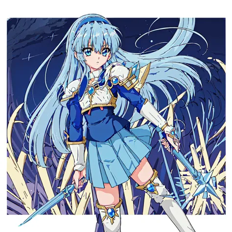 <lora:Magic_Knight_Rayearth-10:1>outdoor,Masterpeace,high quality,Magic_Knight_Rayearth, 1girl, solo, long hair, blue hair, white armor, blue skirt, zettai ryouiki, thigh boots, white boots, blue hairband,blue eyes, school uniform,blunt bangs,blazer, blue jacket,shoulder armor,sharp eyes