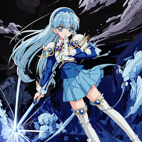 <lora:Magic_Knight_Rayearth-10:1>outdoor,Masterpeace,high quality,Magic_Knight_Rayearth, 1girl, solo, long hair, blue hair, white armor, blue skirt, zettai ryouiki, thigh boots, white boots, blue hairband,blue eyes, school uniform,blunt bangs,blazer, blue jacket,shoulder armor,sharp eyes