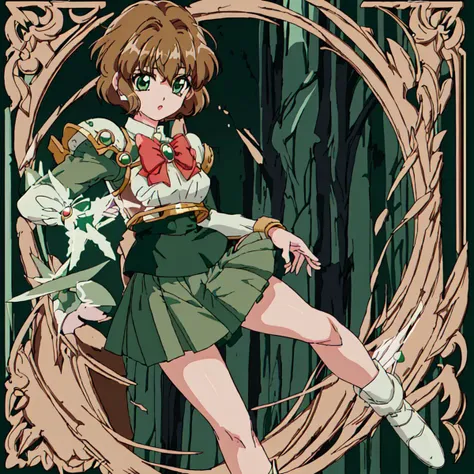 <lora:Magic_Knight_Rayearth-10:1>outdoor,Masterpeace,high quality,Magic_Knight_Rayearth, 1girl, solo, short hair, green skirt, pleated skirt, brown hair, bow, school uniform, green eyes, white shoes