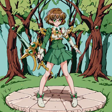 <lora:Magic_Knight_Rayearth-10:1>outdoor,Masterpeace,high quality,Magic_Knight_Rayearth, 1girl, solo, short hair, green skirt, pleated skirt, brown hair, bow, school uniform, green eyes, white shoes,Glasses