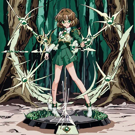 <lora:Magic_Knight_Rayearth-10:1>outdoor,Masterpeace,high quality,Magic_Knight_Rayearth, 1girl, solo, short hair, green skirt, pleated skirt, brown hair, bow, school uniform, green eyes, white shoes,round eyewear,rimless eyewear,green skirt