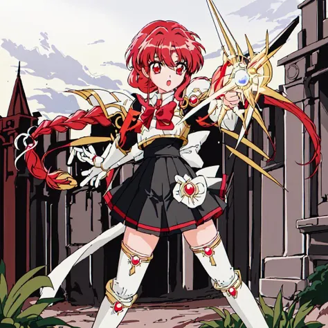 <lora:Magic_Knight_Rayearth-10:1>outdoor,Masterpeace,best quality,Magic_Knight_Rayearth, 1girl, solo, long hair, red eyes, white bow, school uniform, red hair, pleated skirt, single braid, knee boots,black skirt,white boots,white armor