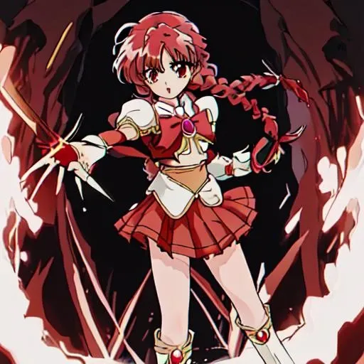 <lora:Magic_Knight_Rayearth-10:1>Magic_Knight_Rayearth, 1girl, solo, long hair, red eyes, bow, school uniform, braid, red hair, pleated skirt, single braid, knee boots