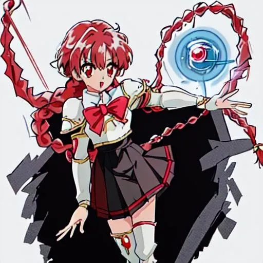 <lora:Magic_Knight_Rayearth-10:1>Masterpeace,best quality,Magic_Knight_Rayearth, 1girl, solo, long hair, red eyes, white bow, school uniform, braid, red hair, pleated skirt, single braid, knee boots,black skirt,white boots,white armor
