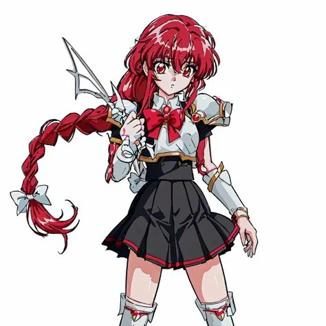 <lora:Magic_Knight_Rayearth-10:1>outdoor,Masterpeace,high quality,Magic_Knight_Rayearth, 1girl, solo, long hair, red eyes, white bow, school uniform, red hair, pleated skirt, single braid, knee boots,black skirt,white boots,white armor