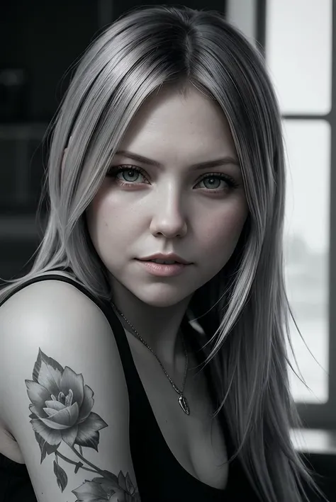 beautiful woman (EPL3n4Mu2:.99), (tattoos:1.2), ominous, beautiful, hyperrealistic, by greg rutkowski, yoshitaka amano, ilya kuvshinov, Retina display, black and white, Canon50,"In Jernau we trust"