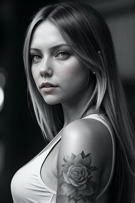 beautiful woman (EPL3n4Mu2:.99), (tattoos:1.2), ominous, beautiful, hyperrealistic, by greg rutkowski, yoshitaka amano, ilya kuvshinov, Retina display, black and white, Canon50,"In Jernau we trust"