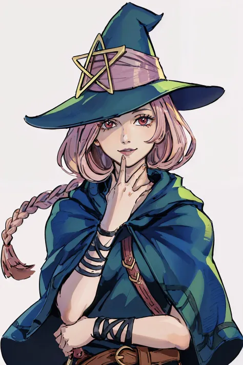 (masterpiece, best quality:1.2), solo, 1girl, esmeralda tusspells, smile, looking at viewer, pink hair, braid, red eyes, witch hat, robe <lora:aa_tusspells:1.0>