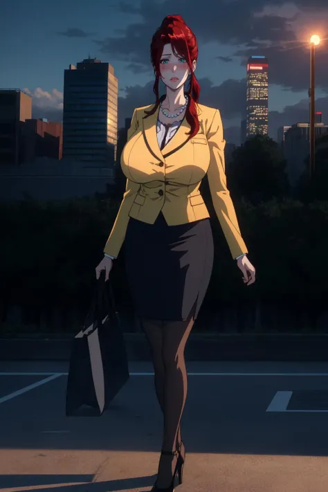 (masterpiece, high quality:1.1), cinematic lighting, extremely detailed,
(nikaidohitomi:1.2), mature female, solo, walking, holding bag, full body
looking at viewer, blush, teeth, tired,
red hair, long hair, sidelocks, ponytail, blue eyes, jewelry, pearl necklace,
yellow jacket, blouse, pencil skirt, pantyhose, high heels,
huge breasts, thighs, curvy,
city park, skyscraper, sunset, sky, sun, complex background,
<lora:NikaidoHitomi:1>