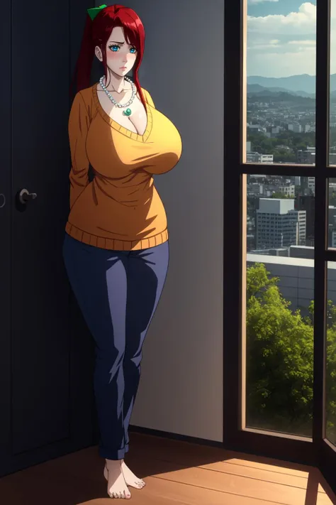 (high quality:1.1), cinematic lighting, extremely detailed,
NikaidoHitomi, mature female, solo, standing, full body,
looking at viewer, tired, blush, half-closed eyes,
red hair, long hair, sidelocks, green hairclip, ponytail, blue eyes, jewelry, pearl necklace,
yellow sweater, pants, curvy, no shoes,
huge breasts, thighs, cleavage,
room, window, complex background,
<lora:NikaidoHitomi:0.85>