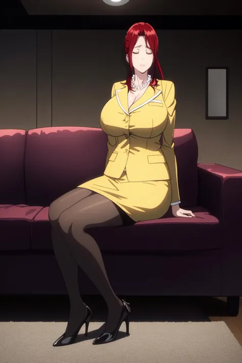 (masterpiece, high quality:1.1), cinematic lighting, extremely detailed,
(nikaidohitomi:1.2), mature female, solo, sitting on sofa, hands on own knee, full body
closed eyes, tired, closed eyes,
red hair, long hair, sidelocks, ponytail, jewelry, pearl necklace,
(yellow:1.1) jacket, blouse, pencil skirt, pantyhose, high heels,
huge breasts, thighs, curvy,
room, sofa, window,
<lora:NikaidoHitomi:0.9>