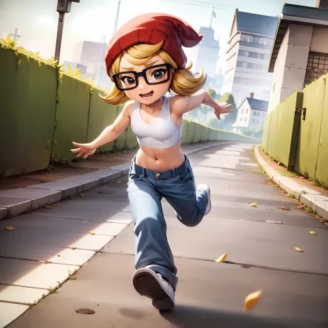 ((masterpiece, best quality)),(complex light),1boy,full body, solo, tricky, <lora:TrickySubwaySurfer2-10:0.6>, blonde hair, glasses, red beanie, running, crop top, jeans