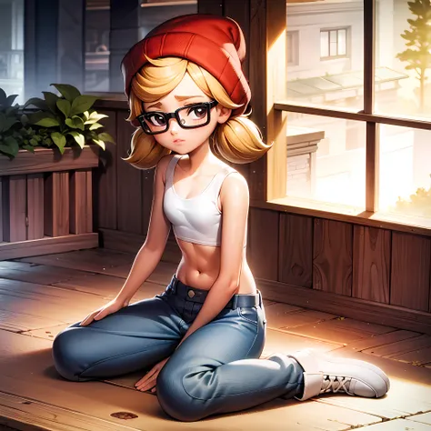 ((masterpiece, best quality)),(complex light),1boy,full body, solo, tricky, <lora:TrickySubwaySurfer2-10:0.6>, blonde hair, glasses, red beanie, wariza, crop top, jeans, low twintails,