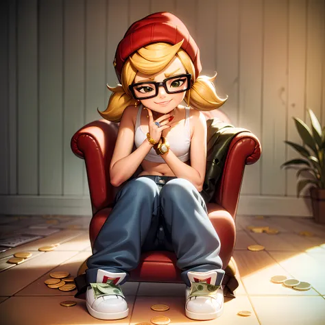 ((masterpiece, best quality)),(complex light),1boy,full body, solo, tricky, <lora:TrickySubwaySurfer2-10:0.6>, blonde hair, glasses, red beanie, crop top, jeans, low twintails, sitting, on chair, jewelry, money pile,golden ring,diamond, smirk, money, gold pieces, money on floor, diamond on floor, gold pieces,