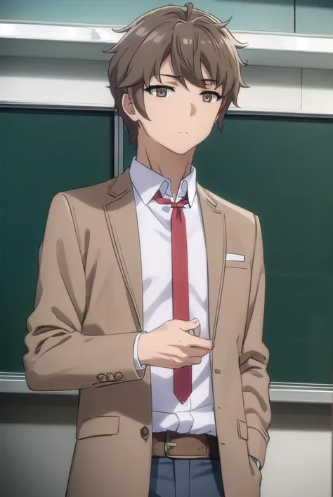 sakutaazusagawa, <lora:sakuta azusagawa s1-lora-nochekaiser:1>,
sakuta azusagawa, short hair, brown hair, (brown eyes:1.5), male focus,
BREAK shirt, long sleeves, school uniform, jacket, white shirt, open clothes, necktie, belt, pants, blazer, red necktie, brown jacket,
BREAK indoors, classroom,
BREAK looking at viewer, (cowboy shot:1.5),
BREAK <lyco:GoodHands-beta2:1>, (masterpiece:1.2), best quality, high resolution, unity 8k wallpaper, (illustration:0.8), (beautiful detailed eyes:1.6), extremely detailed face, perfect lighting, extremely detailed CG, (perfect hands, perfect anatomy),