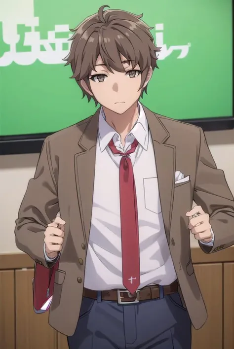 sakutaazusagawa, <lora:sakuta azusagawa s1-lora-nochekaiser:1>,
sakuta azusagawa, short hair, brown hair, (brown eyes:1.5), male focus,
BREAK shirt, long sleeves, school uniform, jacket, white shirt, open clothes, necktie, belt, pants, blazer, red necktie, brown jacket,
BREAK indoors, classroom,
BREAK looking at viewer, (cowboy shot:1.5),
BREAK <lyco:GoodHands-beta2:1>, (masterpiece:1.2), best quality, high resolution, unity 8k wallpaper, (illustration:0.8), (beautiful detailed eyes:1.6), extremely detailed face, perfect lighting, extremely detailed CG, (perfect hands, perfect anatomy),