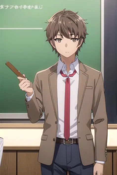 sakutaazusagawa, <lora:sakuta azusagawa s1-lora-nochekaiser:1>, 
sakuta azusagawa, short hair, brown hair, (brown eyes:1.5), male focus,
BREAK shirt, long sleeves, school uniform, jacket, white shirt, open clothes, necktie, belt, pants, blazer, red necktie, brown jacket,
BREAK indoors, classroom,
BREAK looking at viewer, (cowboy shot:1.5),
BREAK <lyco:GoodHands-beta2:1>, (masterpiece:1.2), best quality, high resolution, unity 8k wallpaper, (illustration:0.8), (beautiful detailed eyes:1.6), extremely detailed face, perfect lighting, extremely detailed CG, (perfect hands, perfect anatomy),