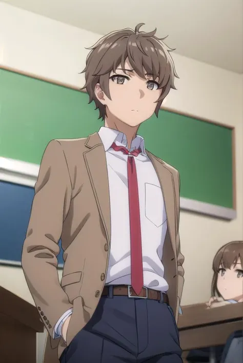 sakutaazusagawa, <lora:sakuta azusagawa s1-lora-nochekaiser:1>, 
sakuta azusagawa, short hair, brown hair, (brown eyes:1.5), male focus,
BREAK shirt, long sleeves, school uniform, jacket, white shirt, open clothes, necktie, belt, pants, blazer, red necktie, brown jacket,
BREAK indoors, classroom,
BREAK looking at viewer, (cowboy shot:1.5),
BREAK <lyco:GoodHands-beta2:1>, (masterpiece:1.2), best quality, high resolution, unity 8k wallpaper, (illustration:0.8), (beautiful detailed eyes:1.6), extremely detailed face, perfect lighting, extremely detailed CG, (perfect hands, perfect anatomy),