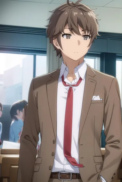sakutaazusagawa, <lora:sakuta azusagawa s1-lora-nochekaiser:1>,
sakuta azusagawa, short hair, brown hair, (brown eyes:1.5), male focus,
BREAK shirt, long sleeves, school uniform, jacket, white shirt, open clothes, necktie, belt, pants, blazer, red necktie, brown jacket,
BREAK indoors, classroom,
BREAK looking at viewer, (cowboy shot:1.5),
BREAK <lyco:GoodHands-beta2:1>, (masterpiece:1.2), best quality, high resolution, unity 8k wallpaper, (illustration:0.8), (beautiful detailed eyes:1.6), extremely detailed face, perfect lighting, extremely detailed CG, (perfect hands, perfect anatomy),