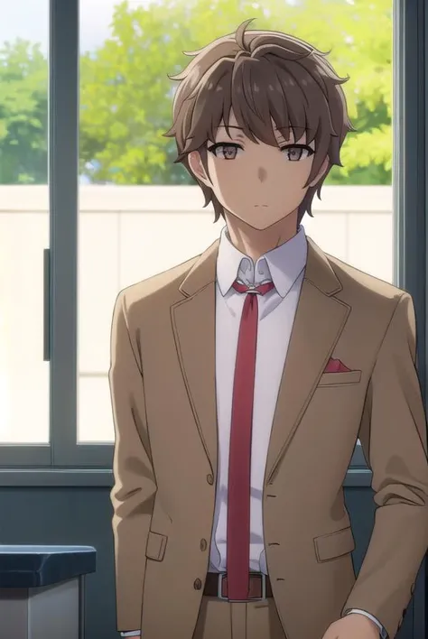 sakutaazusagawa, <lora:sakuta azusagawa s1-lora-nochekaiser:1>,
sakuta azusagawa, short hair, brown hair, (brown eyes:1.5), male focus,
BREAK shirt, long sleeves, school uniform, jacket, white shirt, open clothes, necktie, belt, pants, blazer, red necktie, brown jacket,
BREAK indoors, classroom,
BREAK looking at viewer, (cowboy shot:1.5),
BREAK <lyco:GoodHands-beta2:1>, (masterpiece:1.2), best quality, high resolution, unity 8k wallpaper, (illustration:0.8), (beautiful detailed eyes:1.6), extremely detailed face, perfect lighting, extremely detailed CG, (perfect hands, perfect anatomy),
