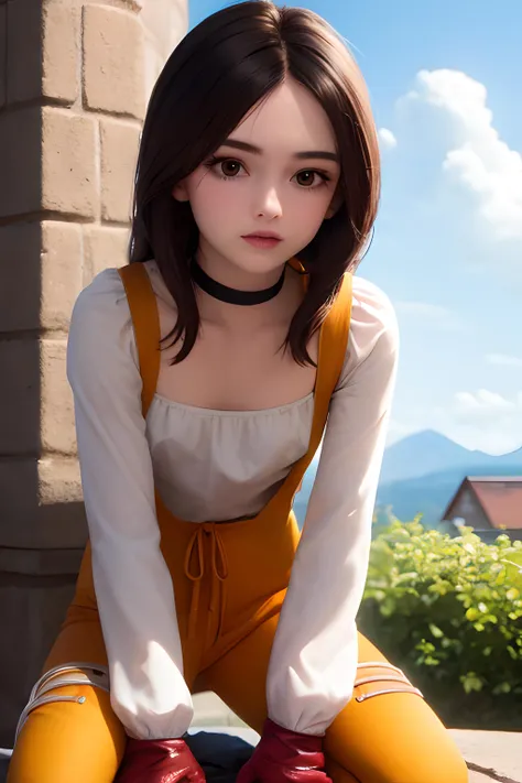(masterpiece), (best quality), highres, 4k, detailed, 1girl, solo,bend down, (spread legs), l teen, young,(( small)) , clothed,, <lora:GarnetTilAlexandrosFinalFantasy2:1>, garnet til alexandros xvii, orange bodysuit, dark brown eyes, low-tied long hair, brown gloves, white shirt, long sleeves, black choker, shiny skin,,