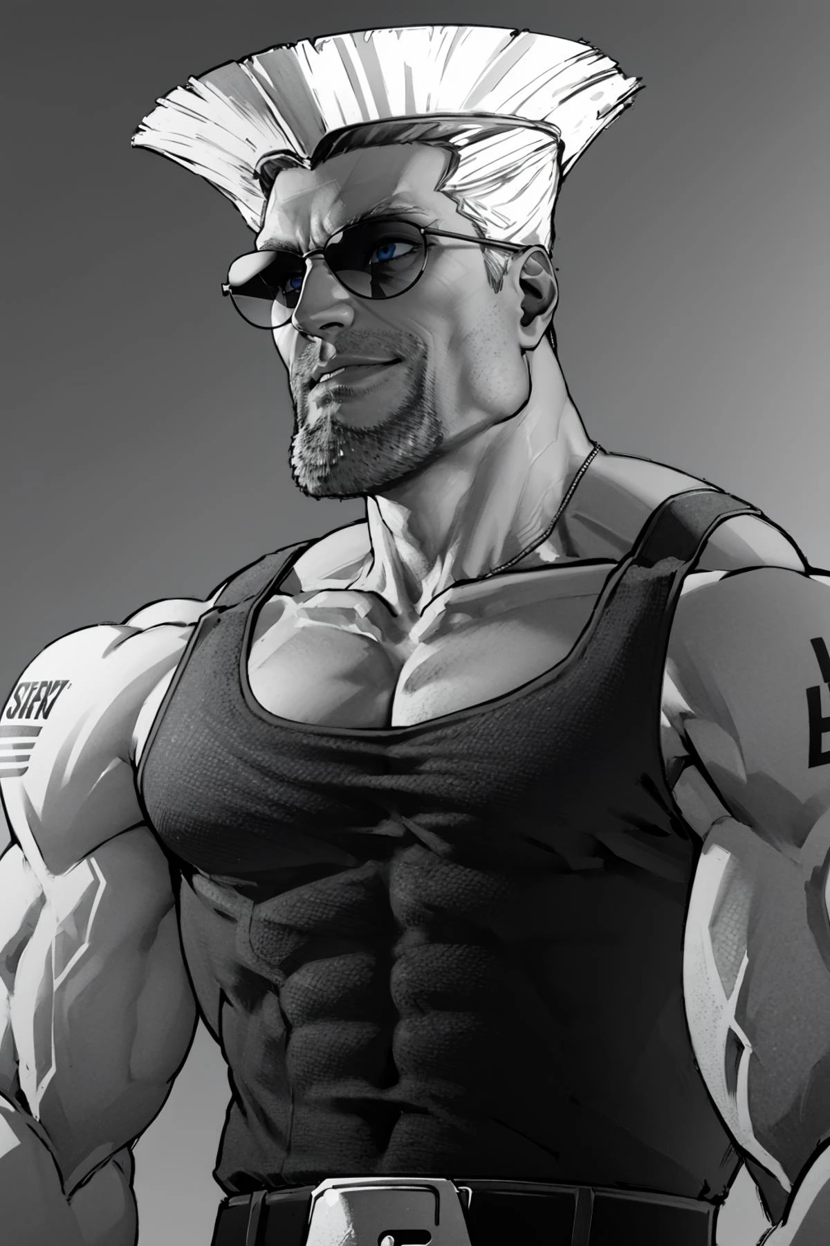 masterpiece, best quality, <lora:Guile-10:0.8> Guile, beard, blue eyes, shoulder tattoo, green tank top, sleeveless, collar bone, belt, muscular, sunglasses, upper body <lora:GigaChad_Looking_Left:1> IncursioGigaLookingLeft, monochrome, greyscale