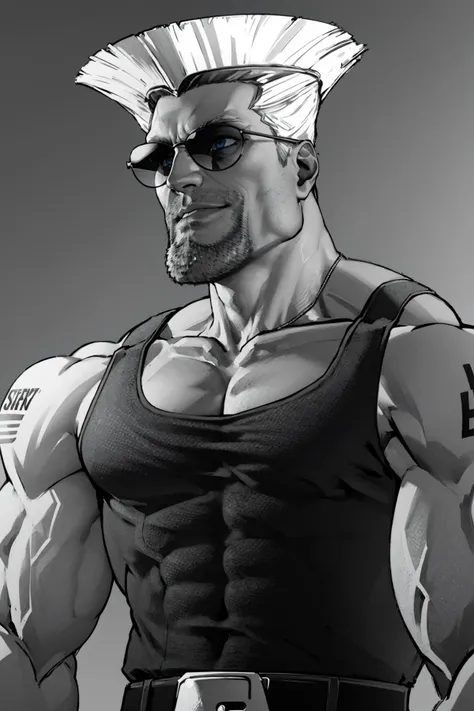 masterpiece, best quality,  <lora:Guile-10:0.8> Guile, beard, blue eyes, shoulder tattoo, green tank top, sleeveless, collar bone, belt, muscular, sunglasses, upper body <lora:GigaChad_Looking_Left:1> IncursioGigaLookingLeft, monochrome, greyscale