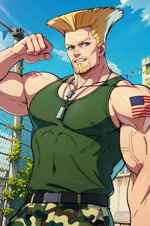 Guile, blond hair, flattop, beard, shoulder tattoo, muscular, blue eyes, looking at viewer,
biceps, green muscle shirt, camo pants, necklace, teeth, american flag tattoo,
Air Force Base, morning, outdoors,
standing, upper body,
(insanely detailed, beautiful detailed face,beautiful detailed eyes, masterpiece, best quality) ,smile, solo,
<lora:Guile-10:0.7>