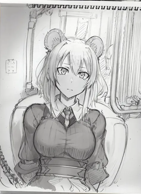 ((best quality)), ((highly detailed)), masterpiece, absurdres, extremely detailed face, beautiful face, (detailed eyes, deep eyes), (1girl), upper body, <lora:aiomonstergirls_loraLocon:.8>, (rat girl), rat ears, rat tail, (indoors, on a train), <lora:NoviceSketchStyle:1>, sketch, monochrome, greyscale, traditional media