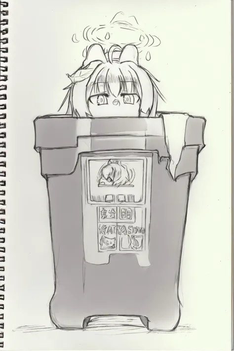 <lora:style18-v2:1>,sketch, greyscale, monochrome, traditional media,<lora:KasumizawaMiyu:1>,trash can,in contain,miyu \(blue archive\), 1girl,halo,leaf on head, ahoge,animal ears,long hair,neckerchief,school uniform,sailor collar,long sleeves,pleated skirt,pantyhose,