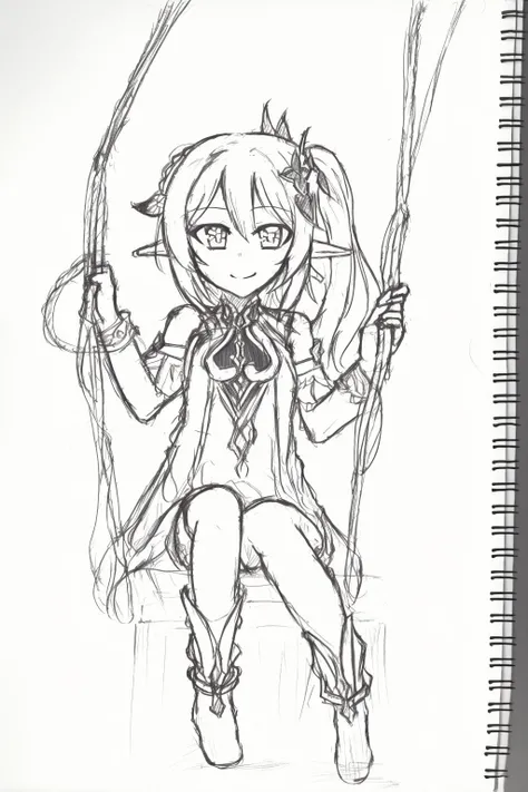 <lora:style18-v2:1>,(sketch:1.4), monochrome, greyscale, traditional media,<lora:nahida:1>,nahida \(genshin impact\),swing, 1girl,smile, dress, long hair, stirrup legwear, pointy ears, sitting, side ponytail, jewelry, white hair, tree, symbol-shaped pupils, hair ornament, bangs,