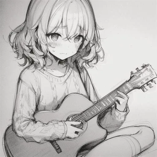 little girl, depressed, tired, short hair, fluffy hair, wavy hair, hair between eyes, looking down ,(sketch:1.4), ((best quality, masterpiece)), playing guitar, guitar, perfect intrument, holding instrument, sitting, stripped sweater, sweater, solo, electric guitar, greyscale, monochrome, tights, <lora:style18-v2:1>, traditional media, grayscale