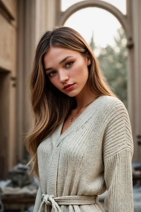 photo of (EP0l1v14C0l4ng3l0:0.99), closeup portrait, perfect hair, (modern photo, Aran sweater duster coat worn over a bodycon dress and heels), 24mm, (analog, cinematic, film grain:1.3), (([workshop/tool room, storage bins,nightstand,bed,coffee table,table, bamboo flooring,quartzite stone,twill weave tapestry, pendant lights,sunlight through skylights, uplighting| ancient ruins], gradient:1.1)), ((detailed eyes)), ((eyeliner, long lashes)), (epicPhoto), long eyelashes, (perfect waist), (painted lips)
