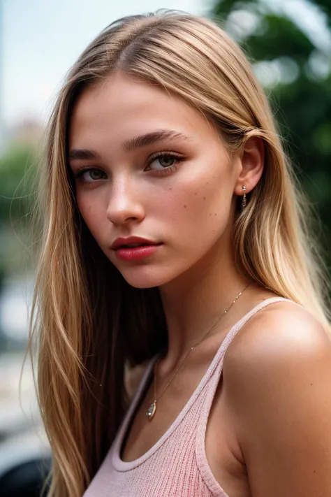 photo of (EP0l1v14C0l4ng3l0:0.99), closeup portrait, perfect hair, blonde, [bangs|ponytail] (modern photo, [Mesh-insert sports bra and high-waisted bike shorts|Chunky knit leg warmers|Pleated shorts, tank top, slides, woven bag, pendant necklace]), 24mm, (analog, cinematic, film grain:1.3), ((eating poutine, gradient:1.1)), ((detailed eyes)), (([dark|heavy|subtle]eyeliner, long lashes)), (epicPhoto), long eyelashes, (perfect waist), ([red|pink|glossy] lips)