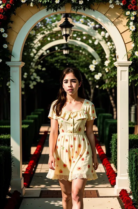 tv_Generic_25yo_Spanish_v2 , , serene expression, wearing an elegant colorful summerdress, walking through an ornate rose garden, noon, summer, colorful butterflies, cowboy shot,, photographed on a Canon EOS R5, 50mm lens, F/2.8, HDR, 8k resolution, highres, high detail, sharp focus, , photography, 8k uhd,