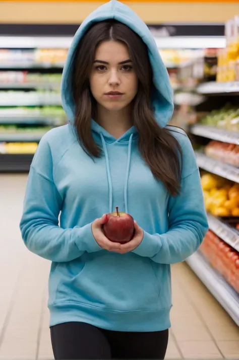 tv_Generic_25yo_Spanish, , bored expression, wearing a hoodie, wearing yoga pants, wearing sneakers, in a supermarket, walking towards the camera, looking down, , 8k resolution, highres, high detail, sharp focus, , 8k uhd,
