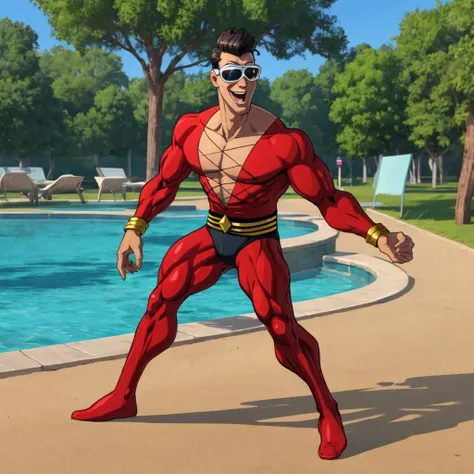 best quality, 4k, <lora:plasticman:0.8>, plastic man, full body, silly, funny, goofy,