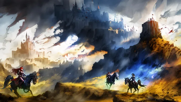 <lora:guildwars2loading:0.8> castle,warrior woman on a horse