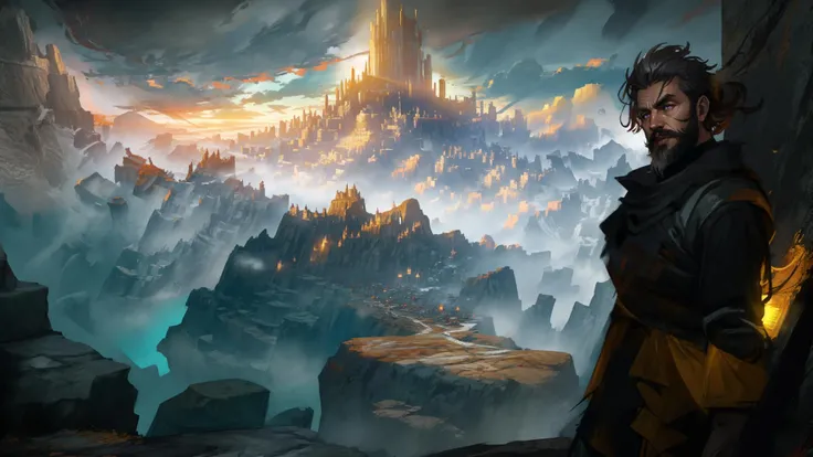 <lora:guildwars2loading:0.8> mountains with plains below, old bearded knight in the foreground, looking away (unreal engine, 8k, ultrarealistic) ,realistic, photorealistic, good lighting,