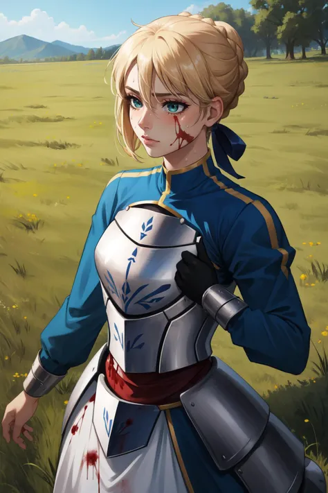 (masterpiece, best quality), intricate details,
1girl, <lora:saber-08:0.8> braid, hair ribbon, dress, blue ribbon, short hair, long sleeves, shirt, hair bun, armor,chest armor,, saber,
battlefield, grass, sweating, blood on face,