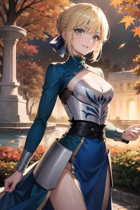 (masterpiece, best quality, glowing light, glistening, shiny skin, ultra detailed, detailed background, complex background),(perfect face, detailed face, detailed eyes,perfect hands,perfect fingers), (medium boobs:1.2,smile),(mature female:1.4),cowboy shot,thicc,
saber,((gradient hair)), gradient eyes, (glowing eyes:1.3), mascara, (fashion make up), parted lips, braid, hair ribbon, dress, blue ribbon, short hair, long sleeves, shirt, hair bun, armor,chest armor,
((park, fountain, leaves in the air, wall, autumn, trees)),((super detailed background)), dynamic poses, ((8k wallpaper)) , <lora:saber-08:1>