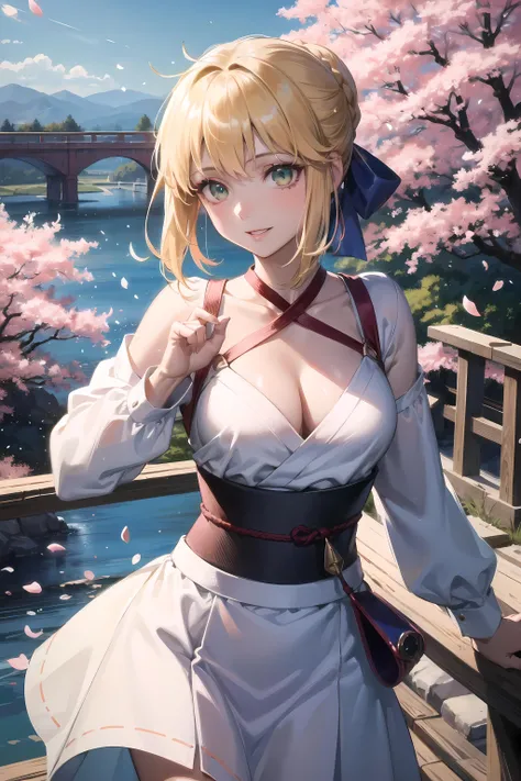 (masterpiece, best quality, glowing light, glistening, shiny skin, ultra detailed, detailed background, complex background),(perfect face, detailed face, detailed eyes,perfect hands,perfect fingers), (medium boobs:1.2,smile),(mature female:1.4),cowboy shot,thicc,
saber,((gradient hair)), gradient eyes, (glowing eyes:1.3), mascara, (fashion make up), parted lips, braid, hair ribbon, dress, blue ribbon, short hair, long sleeves, shirt, hair bun, armor,chest armor,
((middle of japanese countryside,japanese bridge,over the bridge,river,cherry trees,cherry petals,dark blue sky)),((super detailed background)), dynamic poses, ((8k wallpaper)) , <lora:saber-08:1>